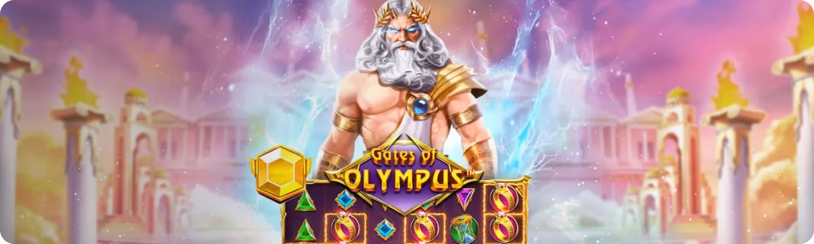 Mythological Zeus figure with glowing blue eyes standing behind a Gates of Olympus slot game interface with ancient Greek temple background.