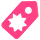 Pink tag with black stars and scribbles on a white background.