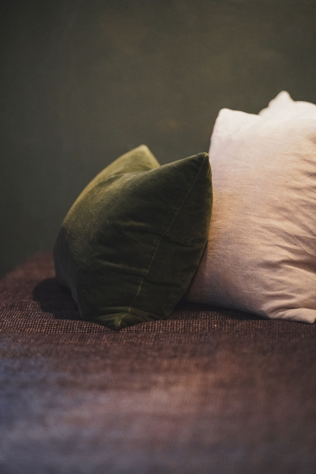 Sofadetail mit Samtkissen im Wohnzimmer des Apartment Bergfried
