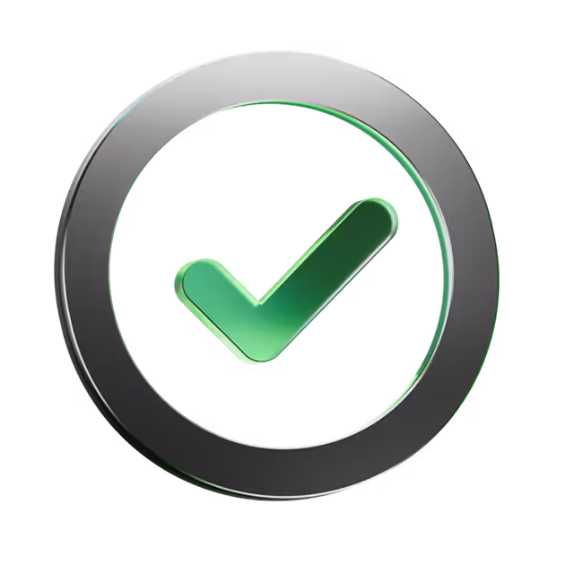 Green check mark inside a metallic circular frame symbolizing success or completion.