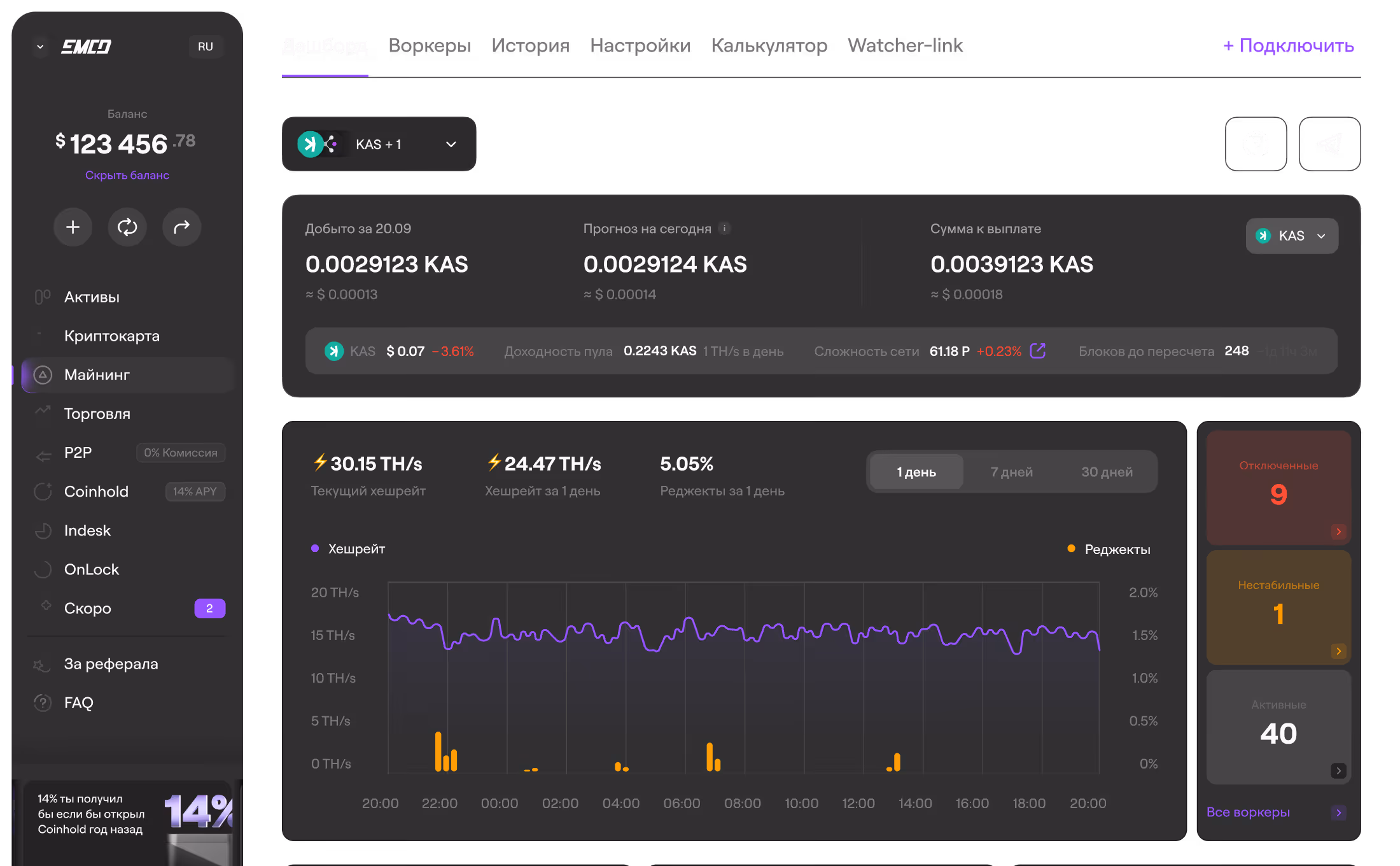 Панель управления майнингом с балансом $123456.78, графиком хешрейта и статусом воркеров.
