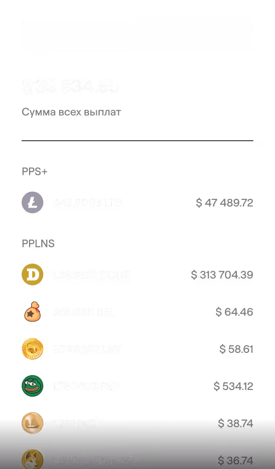 Общая сумма выплат $35 534,55 с детализацией по криптовалютам LTC, DOGE, BEL, LKY, PEP, JKC и DINGO с их количеством и стоимостью в долларах.