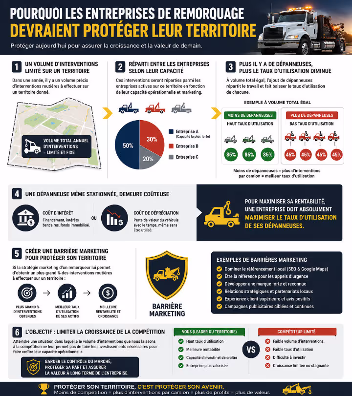 Infographie expliquant pourquoi les entreprises de remorquage devraient protéger leur territoire afin d’augmenter leur taux d’utilisation, leur rentabilité et limiter la croissance de la compétition.