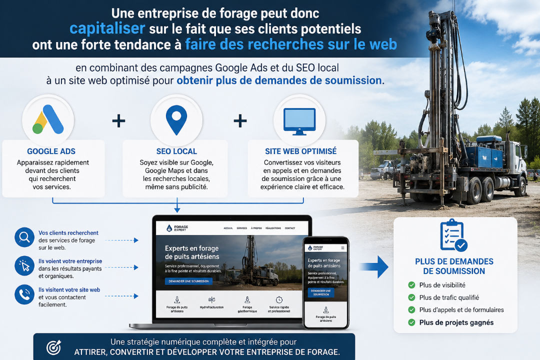 Illustration représentant une stratégie numérique pour entreprise de forage de puits combinant Google Ads, SEO local et site web optimisé afin d’obtenir plus de demandes de soumission.
