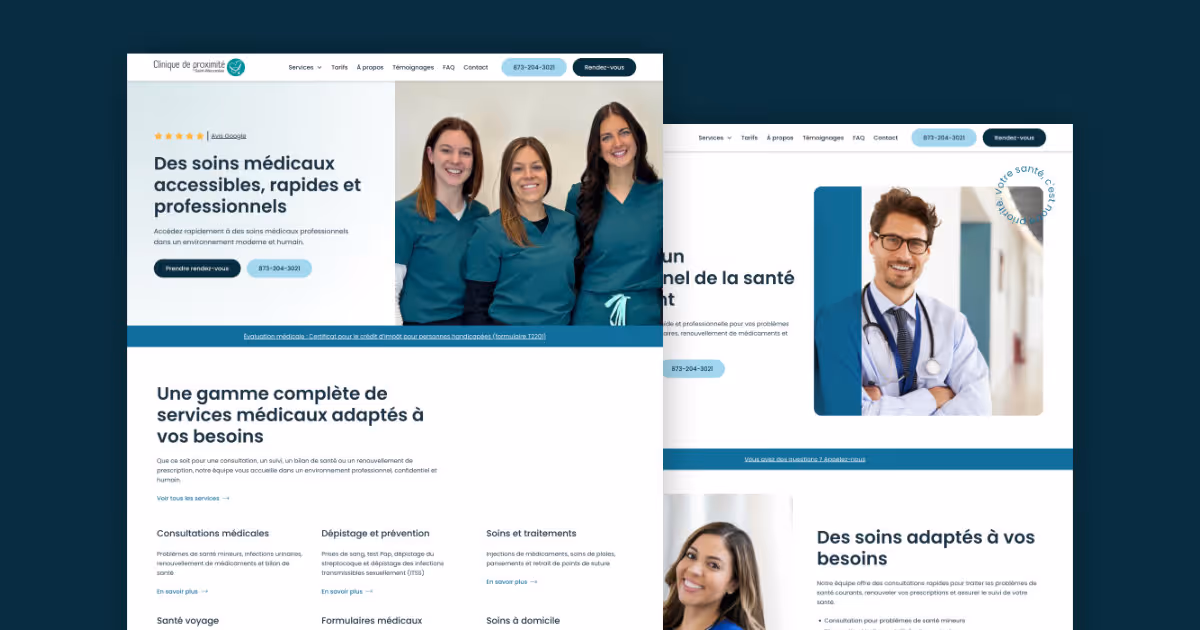 Exemples de pages d'atterrissage pour une clinique médicale privée présentant les services offerts, l'équipe médicale et les options de prise de rendez-vous.
