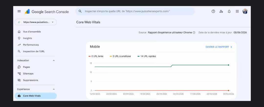 Rapport Core Web Vitals dans Google Search Console montrant 14 URL rapides, 0 URL lente et 0 URL à améliorer sur mobile