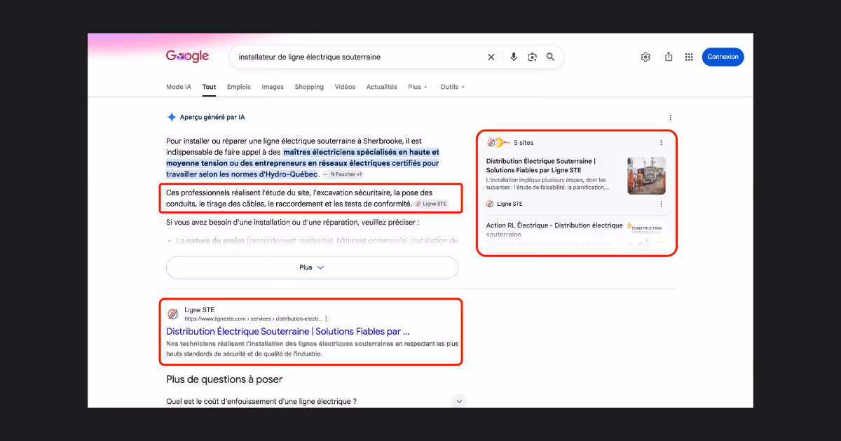 Résultats Google pour « installateur de ligne électrique souterraine » où Ligne STE apparaît dans l'aperçu IA et dans les résultats naturels