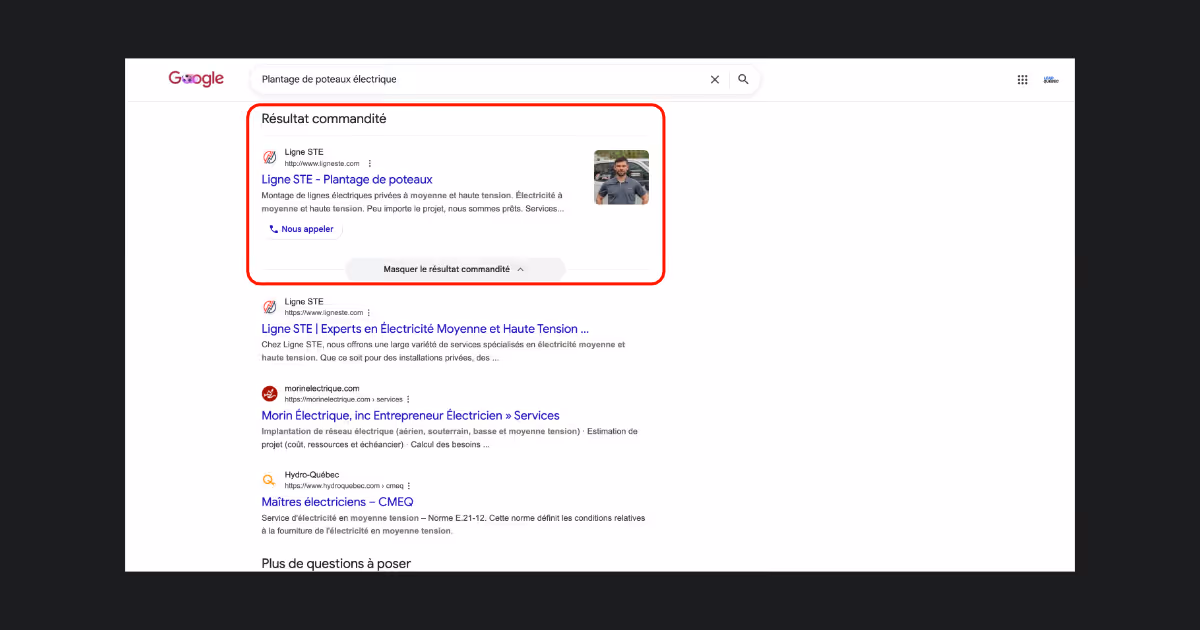 Résultats Google pour « plantage de poteaux électrique » montrant Ligne STE en résultat commandité (publicité payante) suivi de son résultat naturel