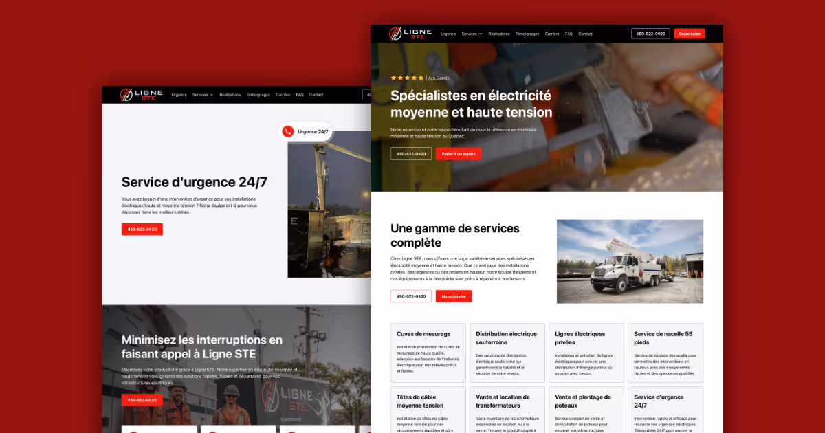 Page d'accueil du site web optimisé de Ligne STE, entreprise d'électricité moyenne et haute tension, présentant ses services et un appel à l'action pour demander une soumission.