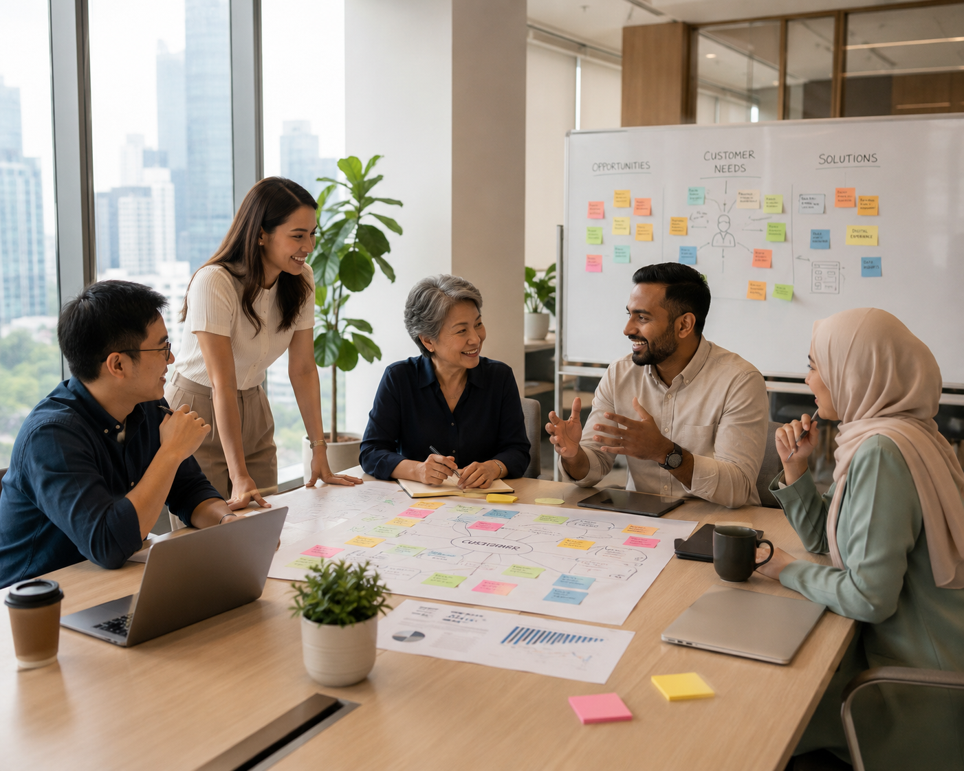 Team collaborating around a strategy map with sticky notes in a meeting room