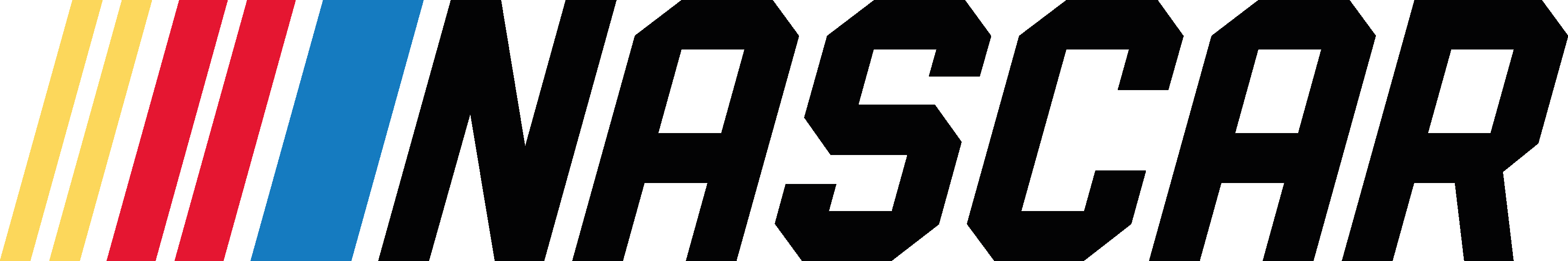 NASCAR logo with black text and racing stripes in yellow, red, and blue.