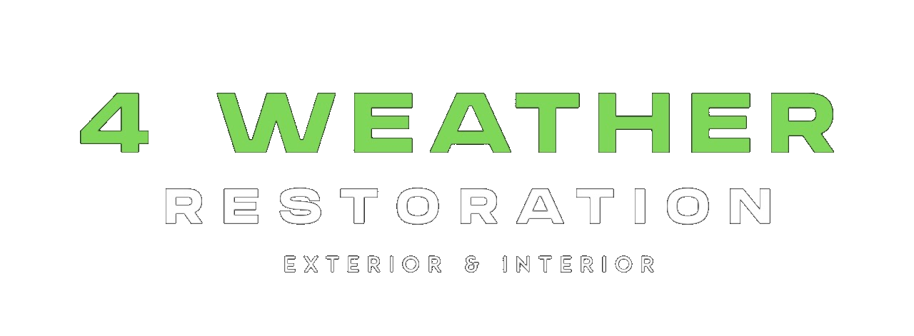 Logo with green text '4 WEATHER' and white text 'RESTORATION EXTERIOR & INTERIOR' on black background.
