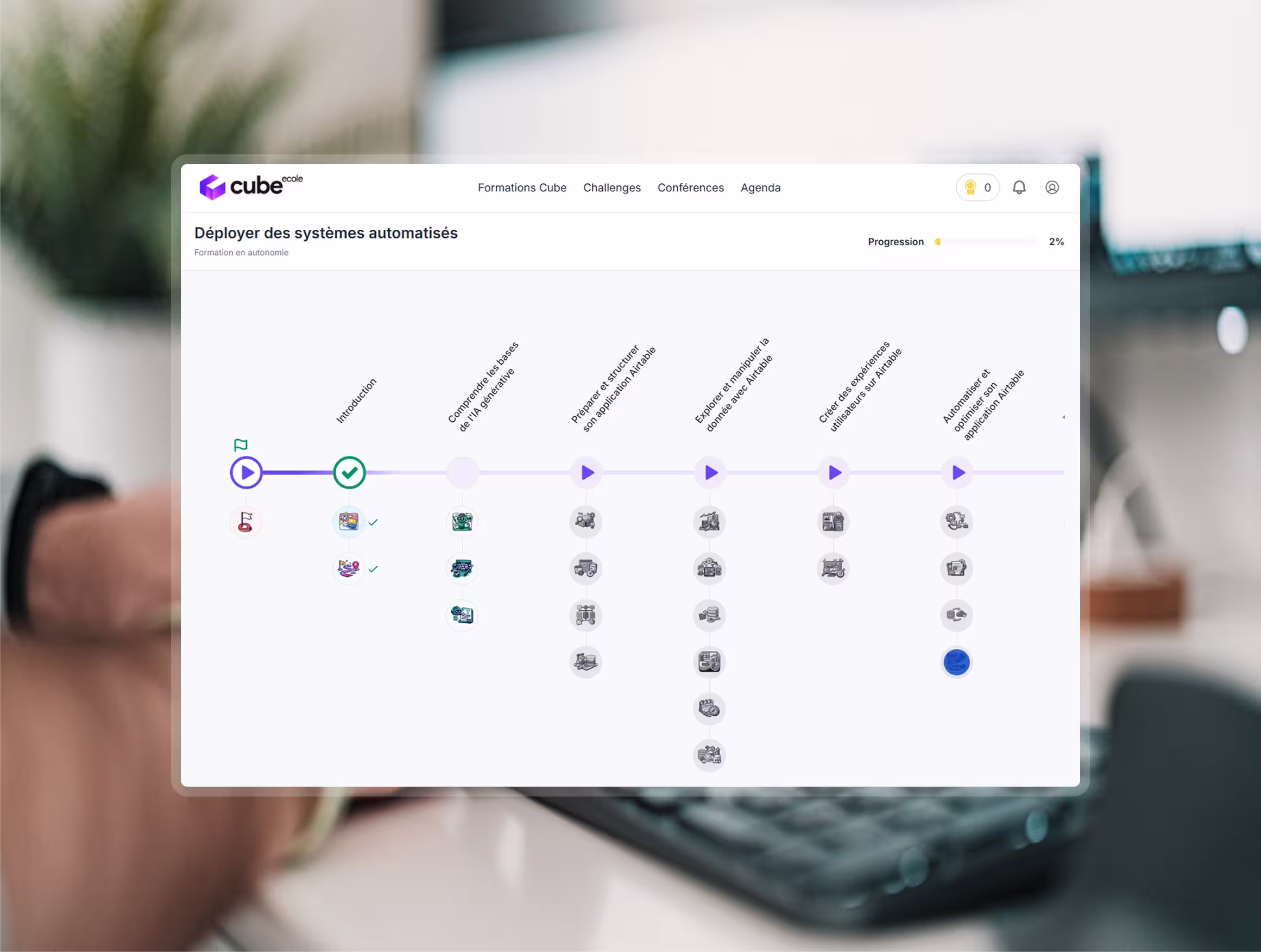 Interface en français affichant un parcours de formation intitulé Déployer des systèmes automatisés avec plusieurs étapes et icônes indiquant la progression à 2%.
