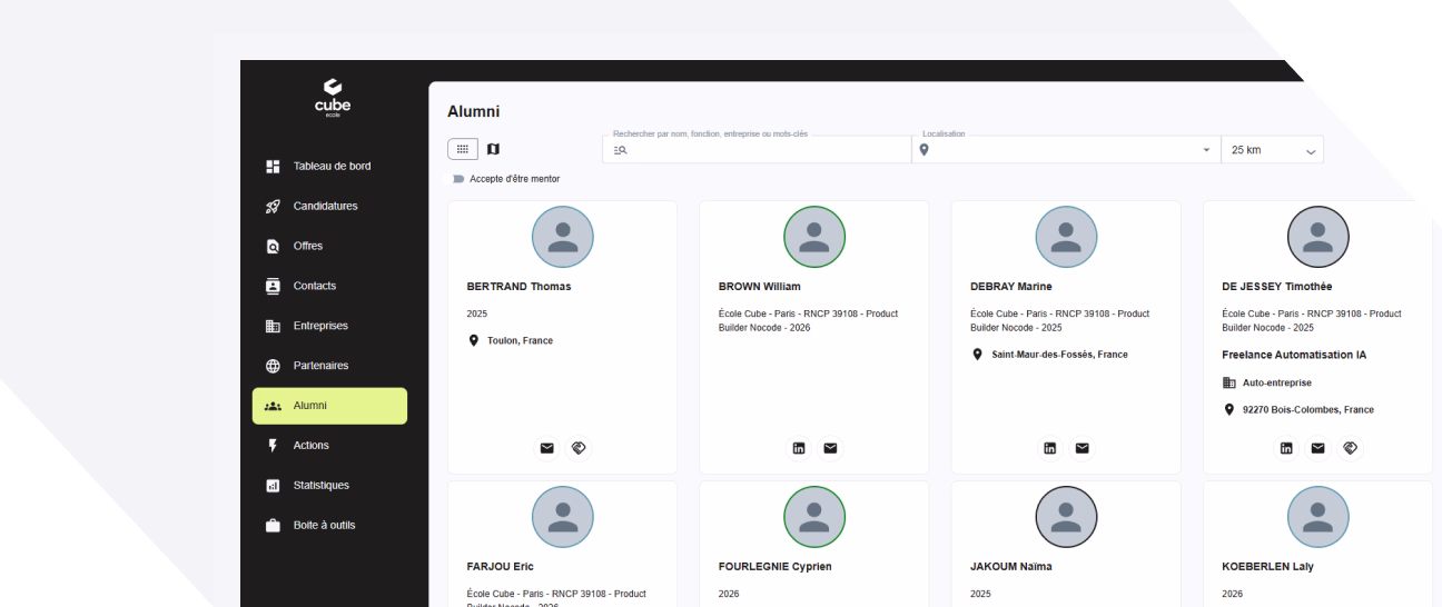Interface de plateforme alumni avec profils d'anciens élèves incluant noms, années, localisations en France et options de contact.