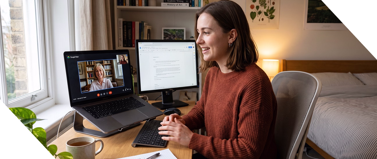 Jeune femme souriante participant à une visioconférence sur un ordinateur portable dans une chambre avec un bureau, une tasse et un deuxième écran d'ordinateur.