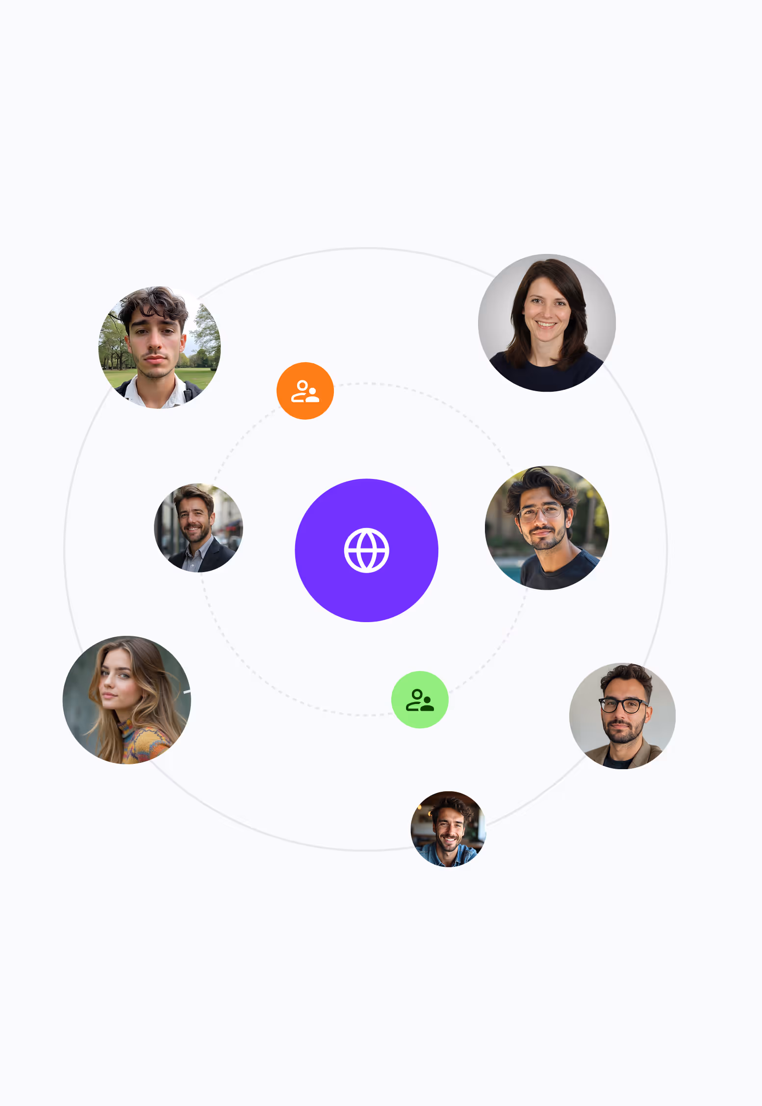 Illustration of a network with diverse people connected around a central globe icon, symbolizing global community and communication.