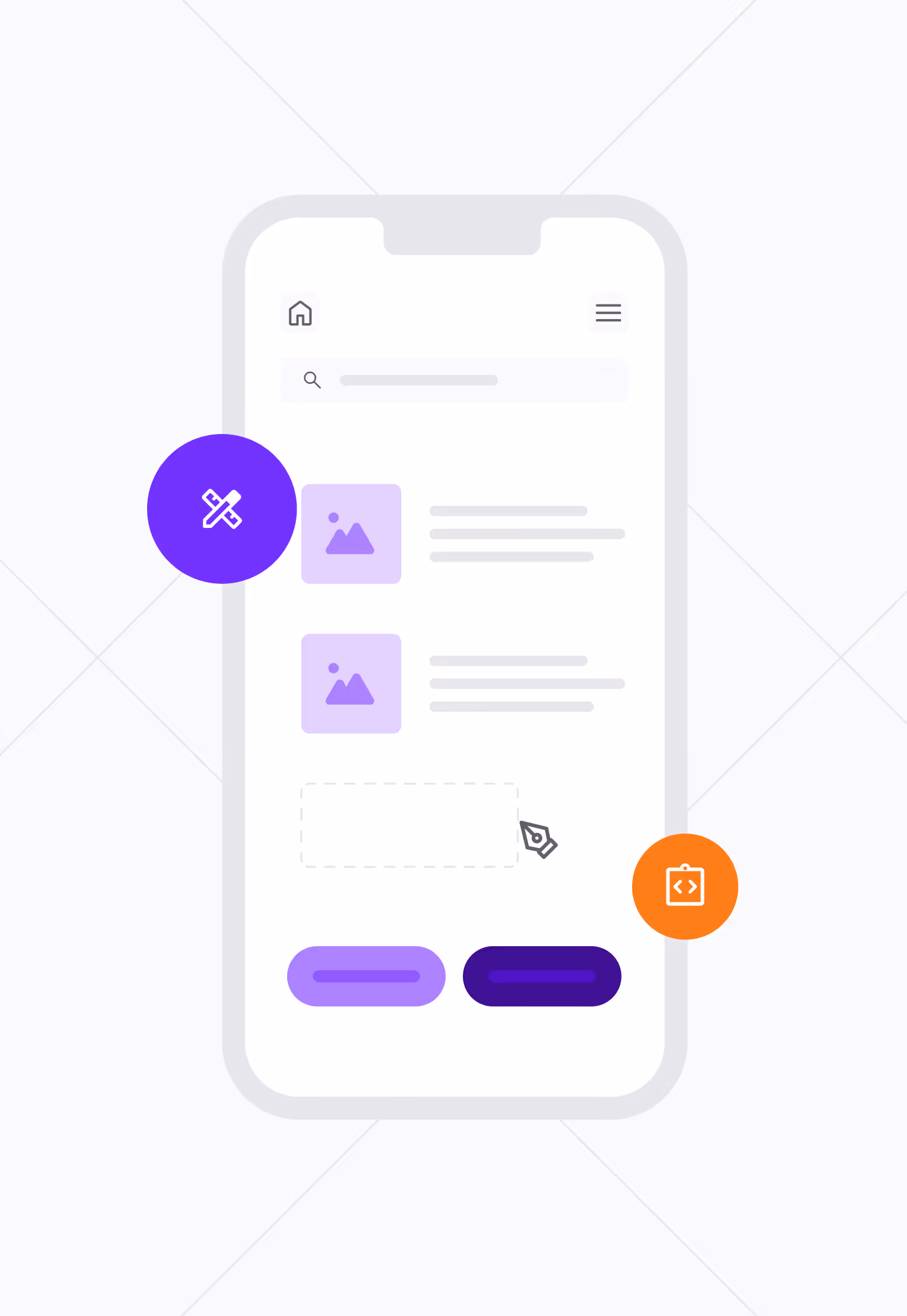 Maquette d'écran de smartphone affichant une interface utilisateur avec des icônes de modification et de codage colorées.