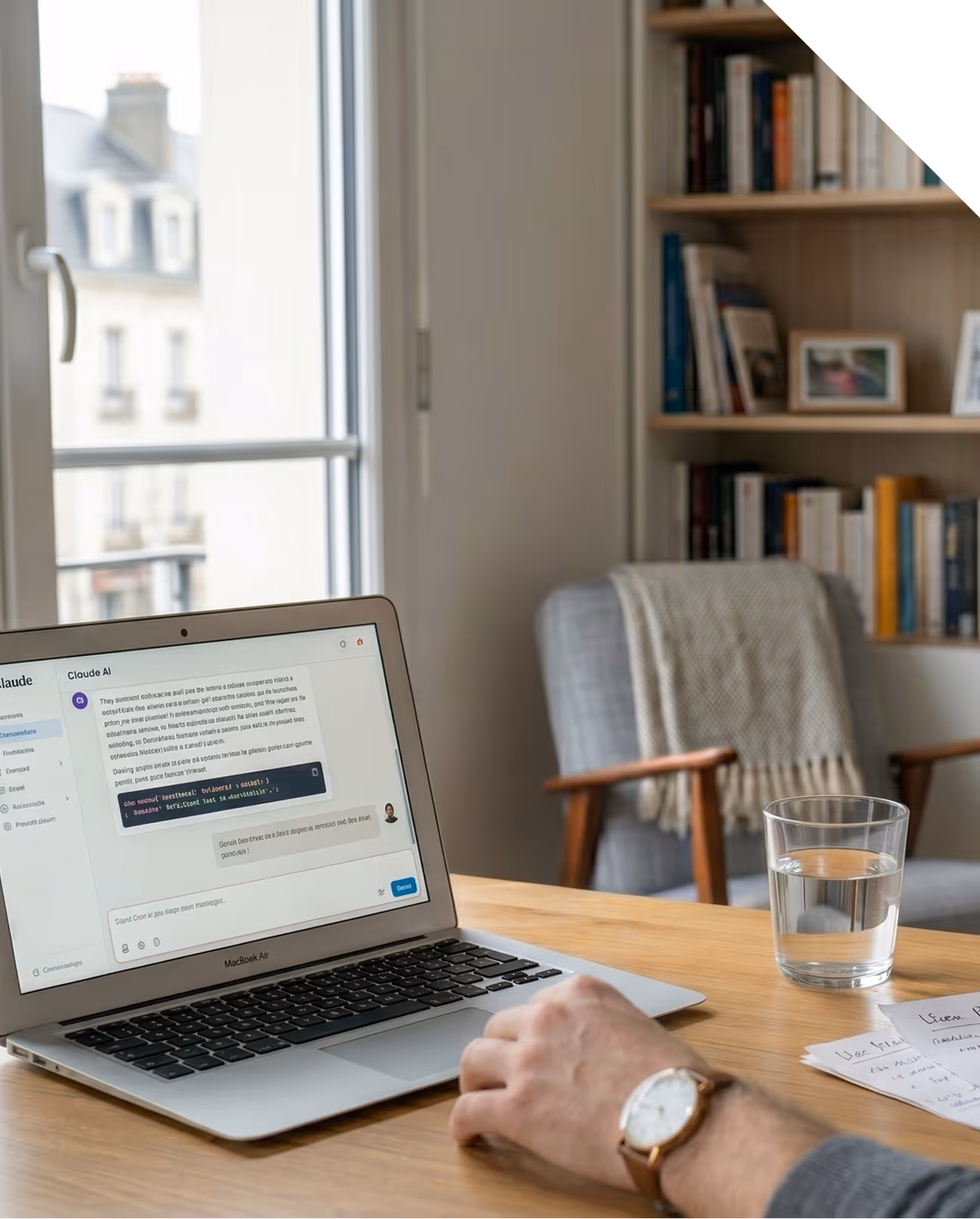 Person utilisant un MacBook Air affichant une interface de chat IA dans un bureau avec une bibliothèque et un verre d'eau.