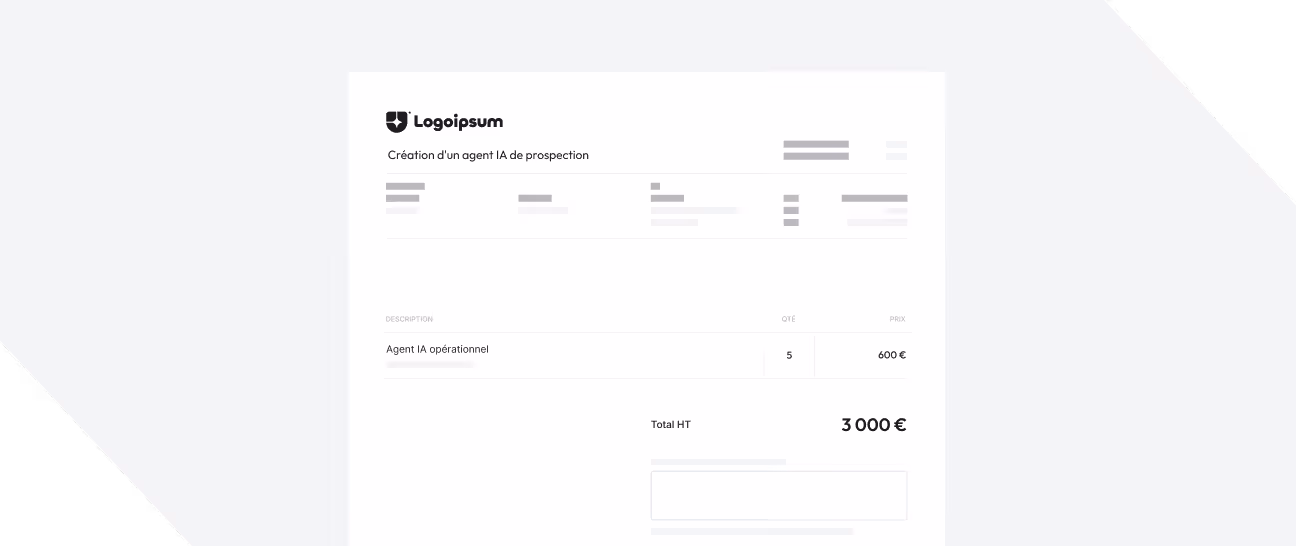 Facture montrant 5 agents IA opérationnels à 600 € chacun, total hors taxes de 3 000 €.