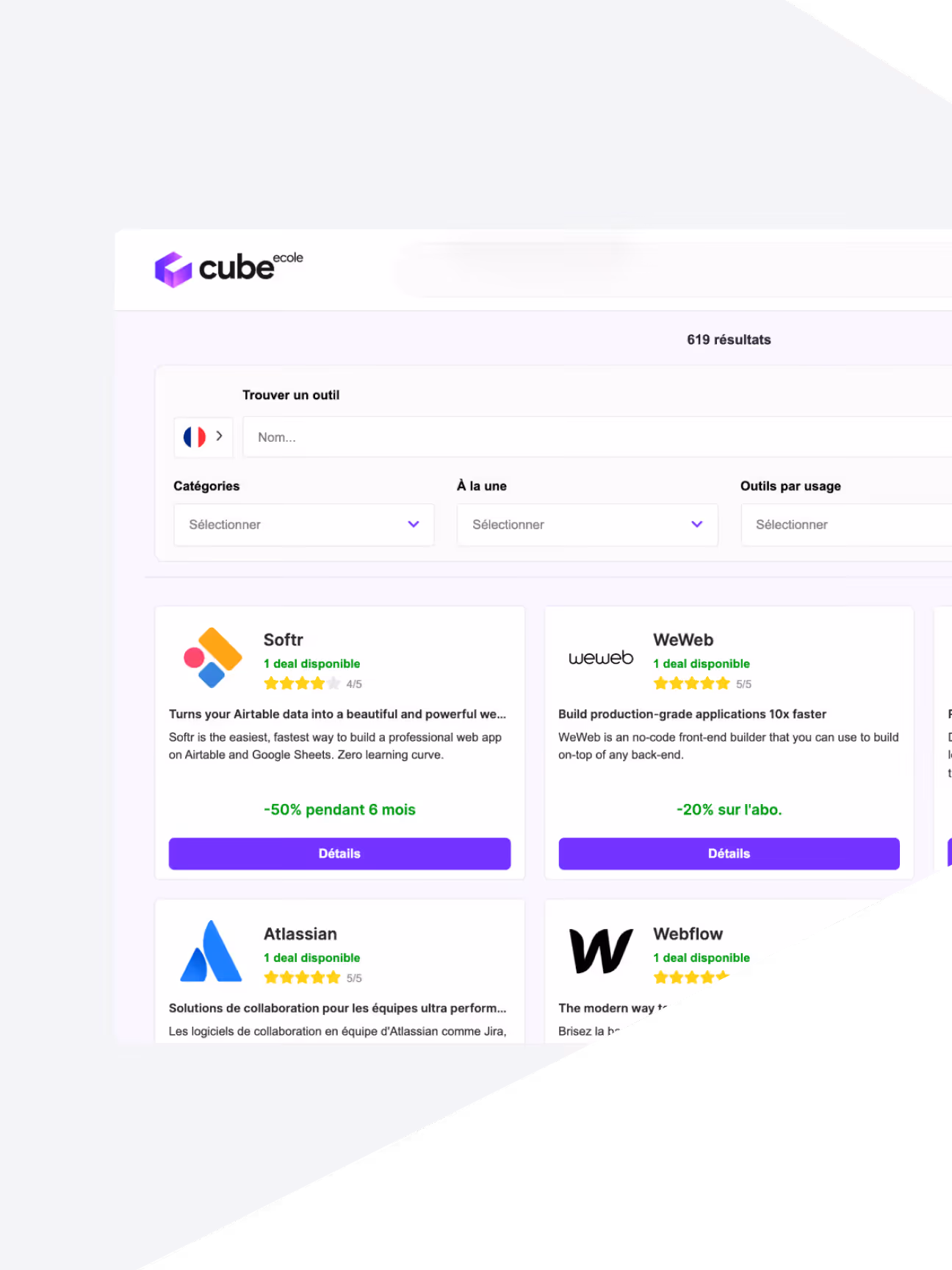Page web de Cube école affichant une recherche d'outils numériques avec résultats pour Softr, WeWeb, Atlassian et Webflow.