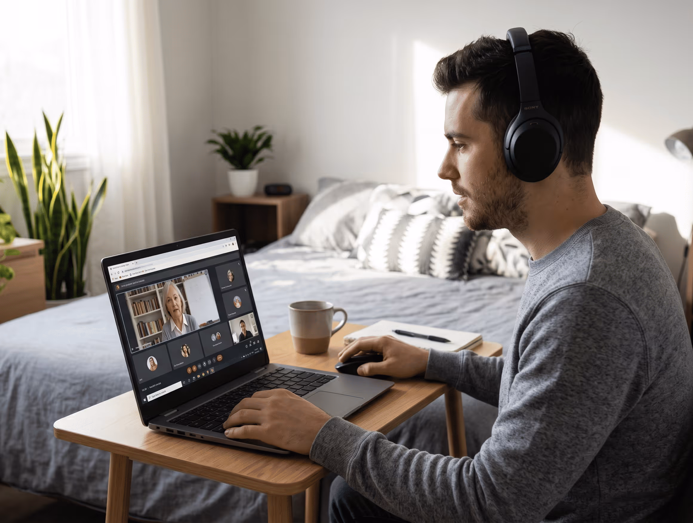 Homme avec casque en visio-conférence sur laptop depuis une chambre avec plante et lit en arrière-plan.