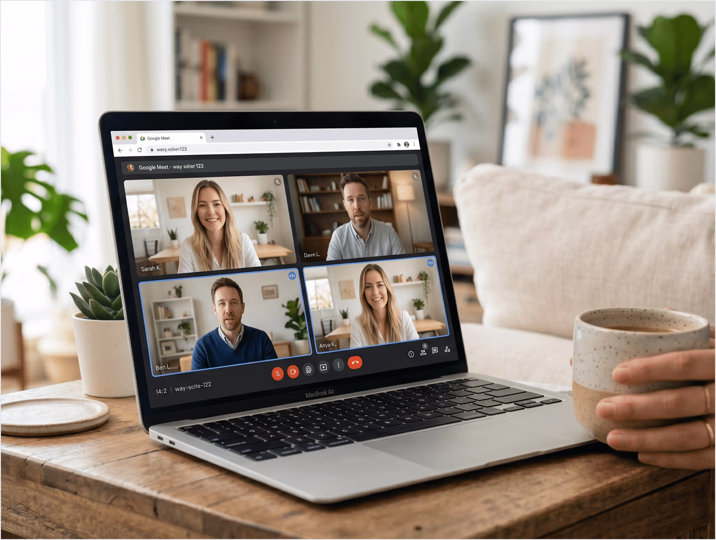 Personne tenant une tasse devant un MacBook Air affichant une visioconférence Google Meet à quatre participants.