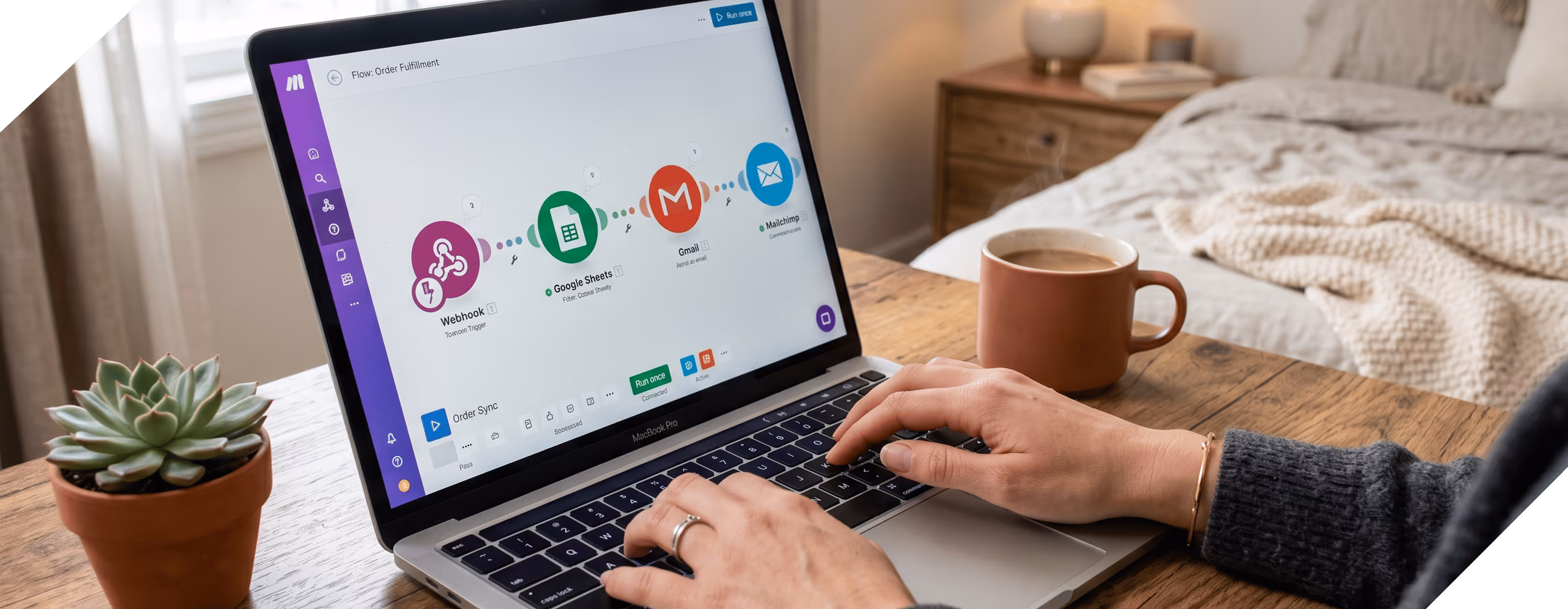 Person using laptop showing Order Fulfillment flow with Webhook, Google Sheets, Gmail, and Mailchimp icons.