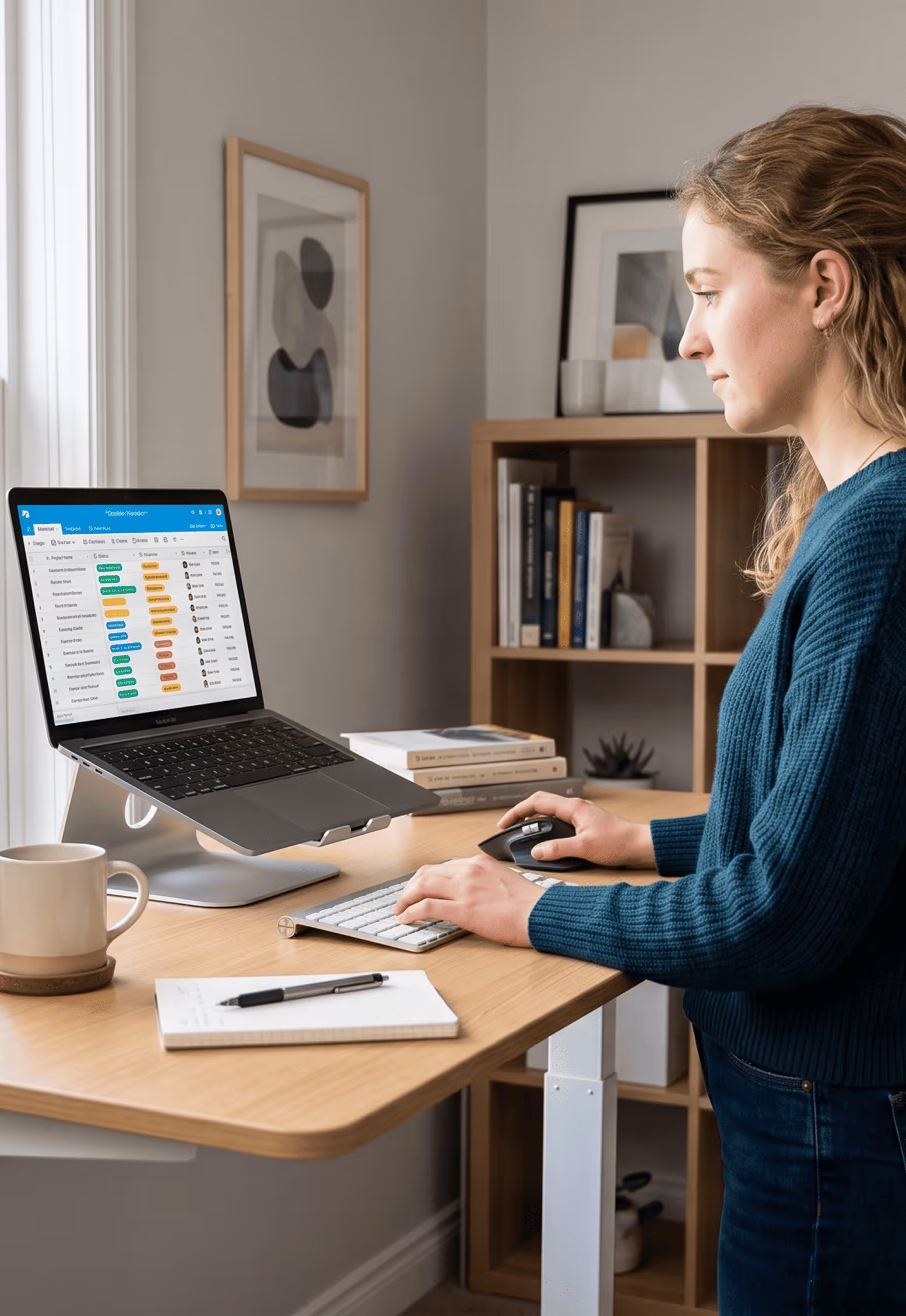 Femme debout utilisant un ordinateur portable sur un bureau réglable avec cahier, tasse et bibliothèque.