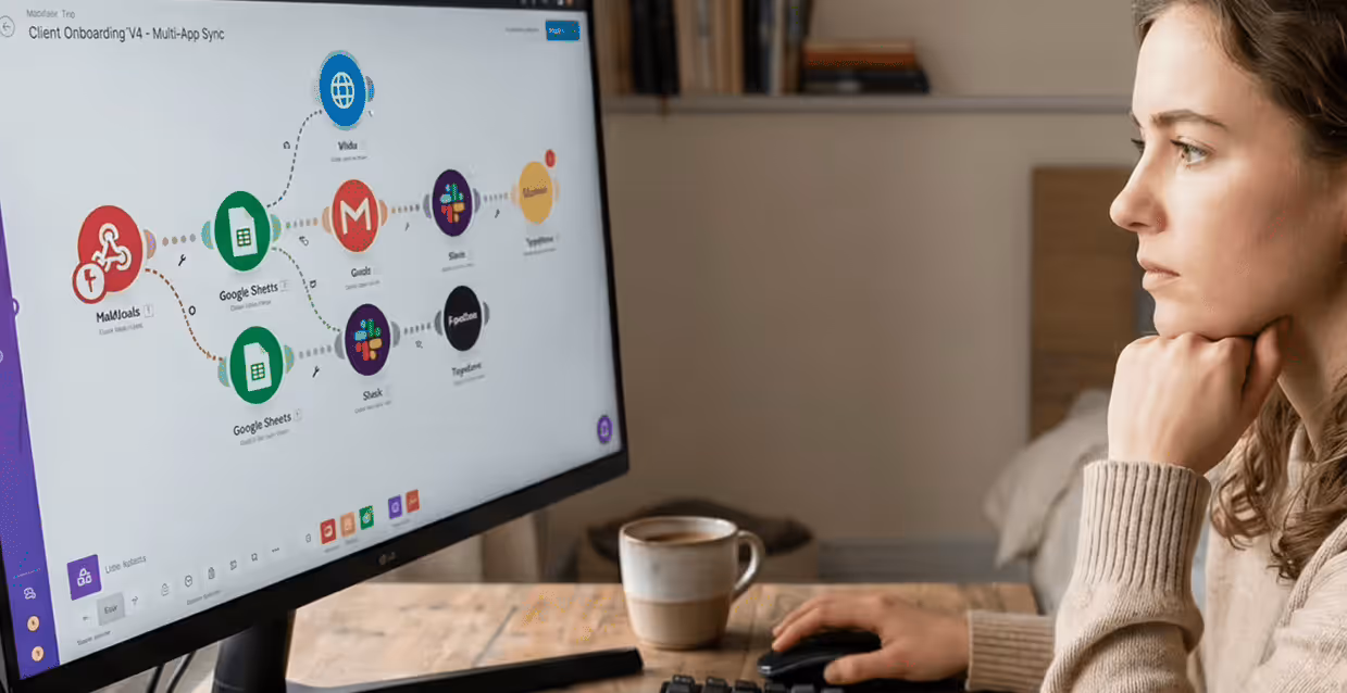 Jeune femme concentrée travaillant sur ordinateur avec écran externe montrant un organigramme digital.