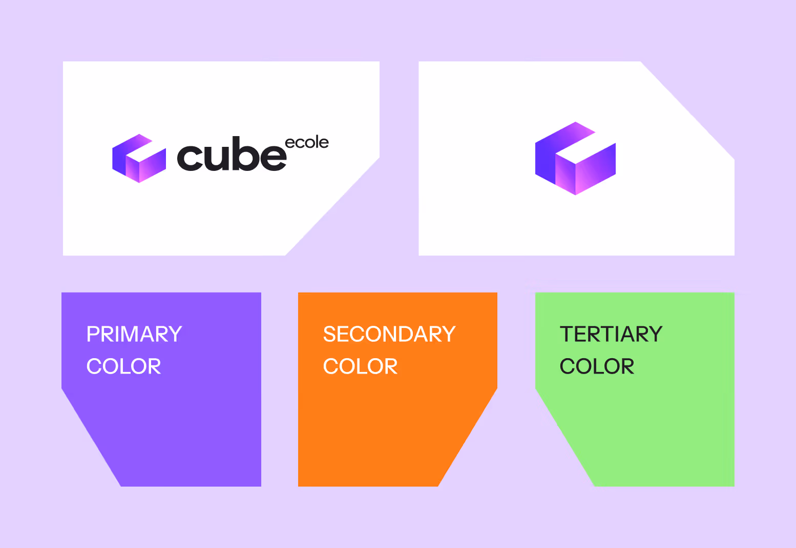 Logo cube école with purple, orange, and green blocks showing primary, secondary, and tertiary colors.