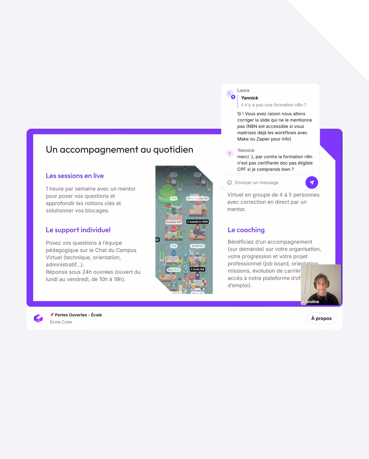 Présentation en ligne décrivant l'accompagnement au quotidien avec sessions live, support individuel et coaching.