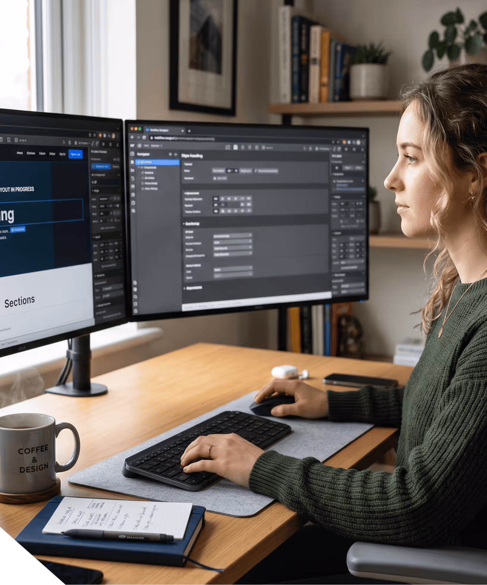 Femme travaillant sur un ordinateur à double écran dans un bureau avec une tasse de café et un carnet.