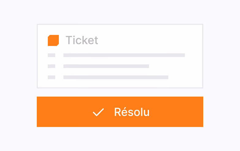 Carte de ticket avec une coche blanche sur un bouton orange marqué Résolu.
