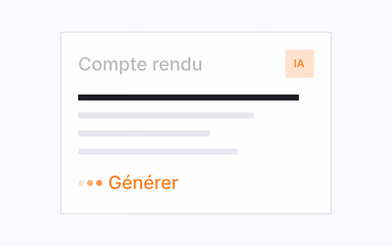 Carte avec le titre Compte rendu, texte fictif en gris et bouton orange Générer en bas à gauche.