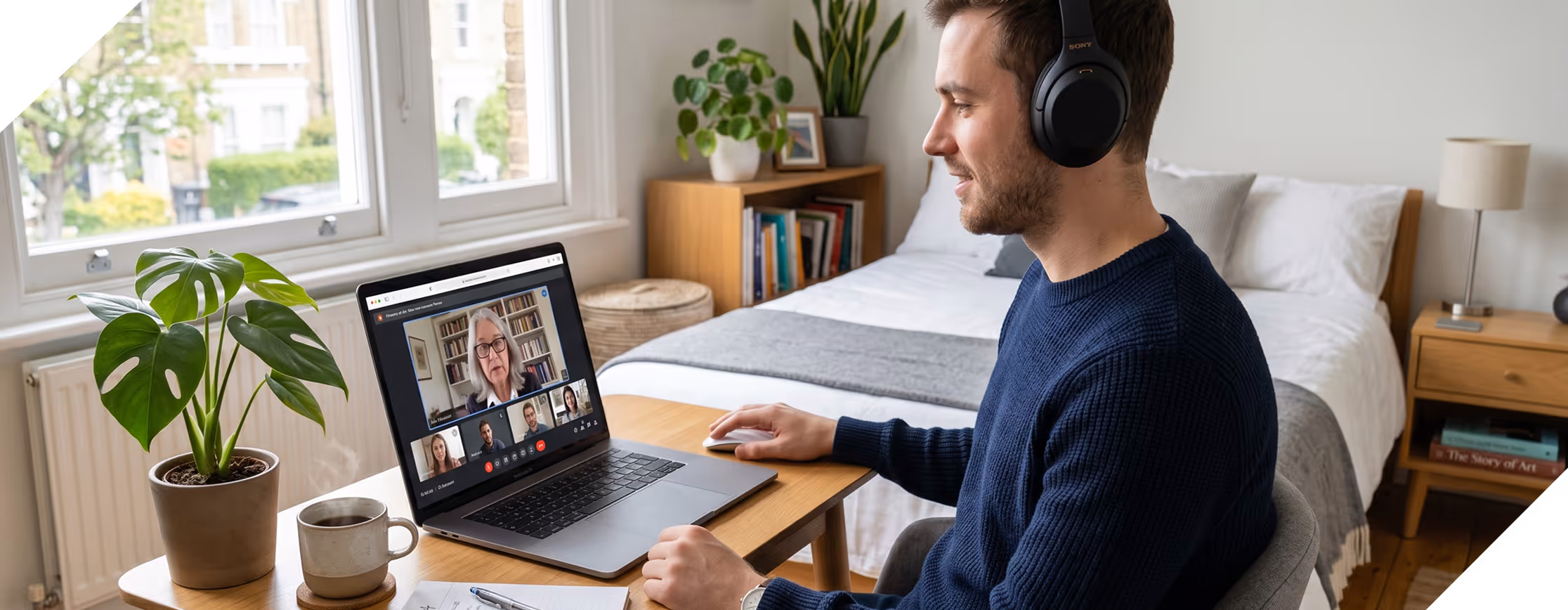 Un homme participe à une visioconférence sur un ordinateur portable depuis une chambre bien éclairée.