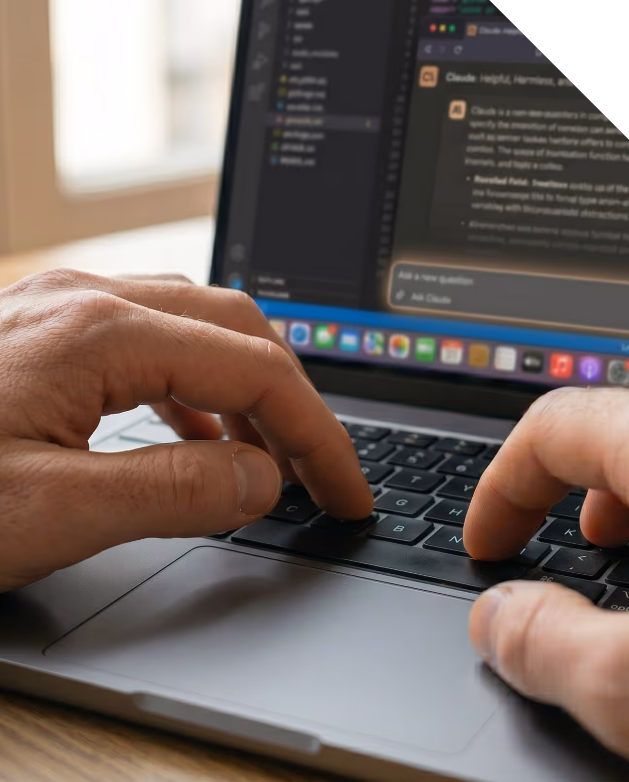 Doigts tapant sur un clavier d'ordinateur portable avec un écran affichant du code et une interface de chat.