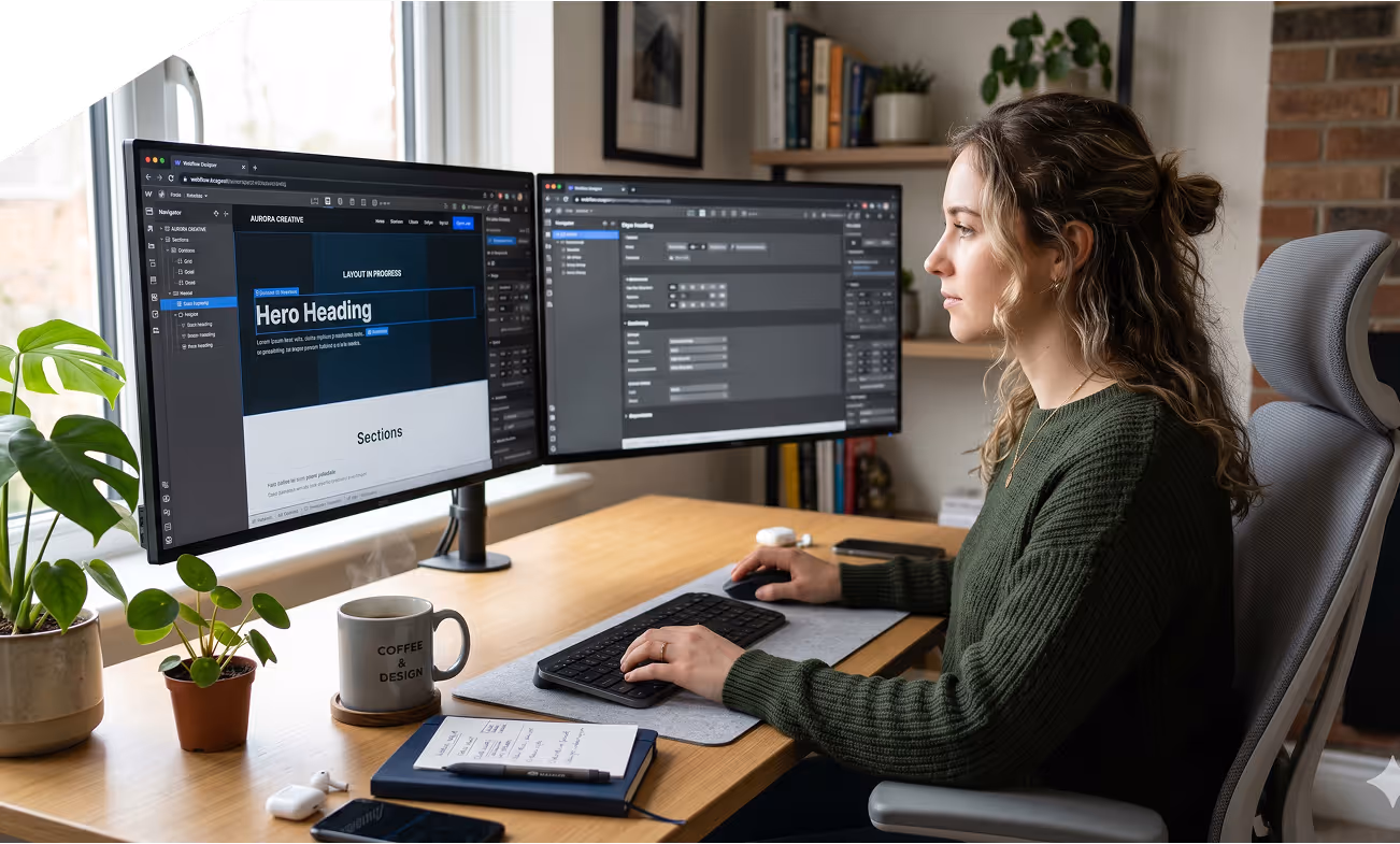 Femme travaillant à un bureau avec deux écrans affichant un logiciel de conception web.