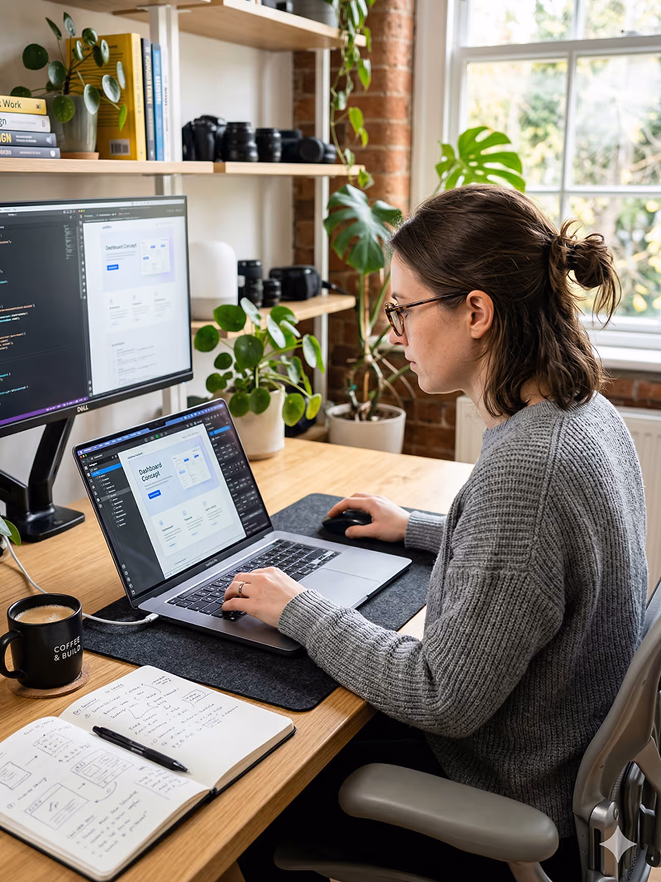 Femme travaillant sur un ordinateur portable avec un double écran et un cahier de notes sur un bureau en bois.