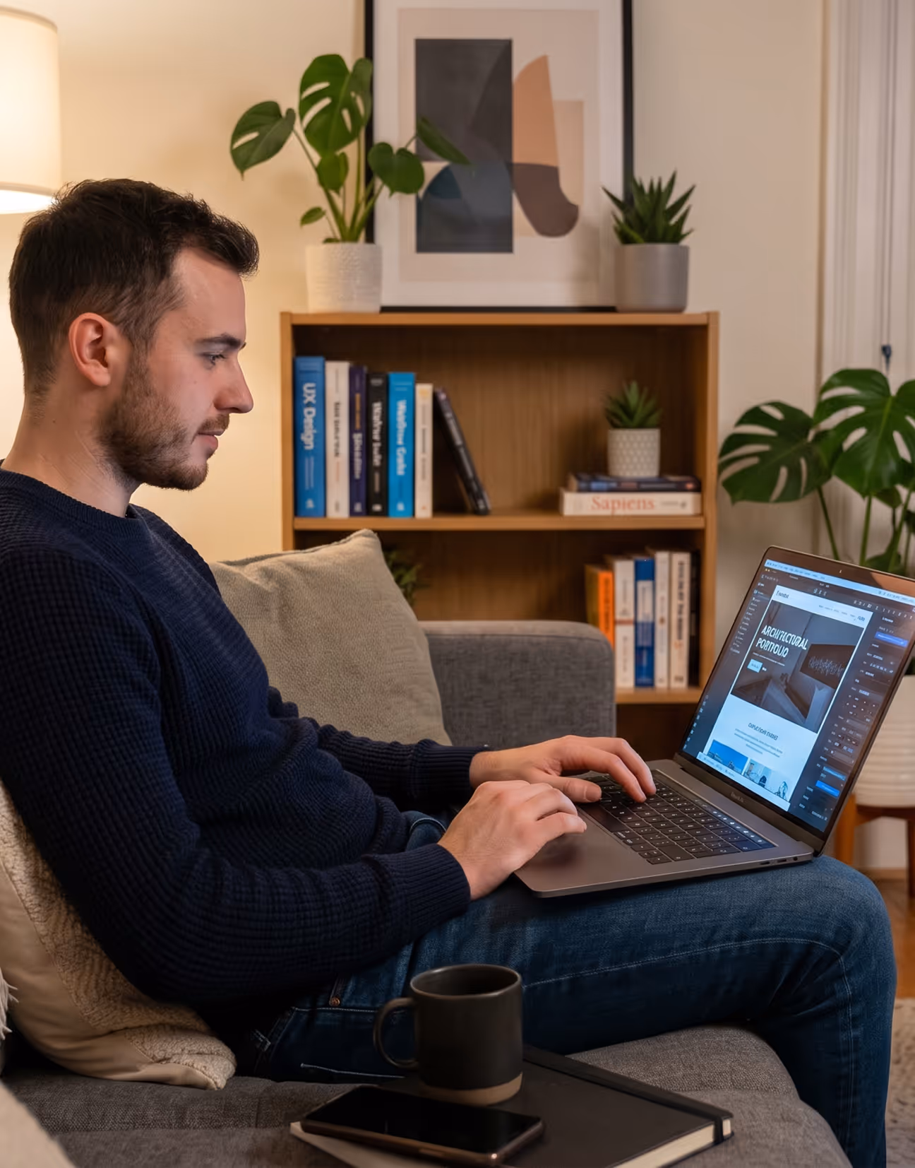 Jeune homme assis sur un canapé travaillant sur un ordinateur portable avec une tasse et un téléphone à côté.