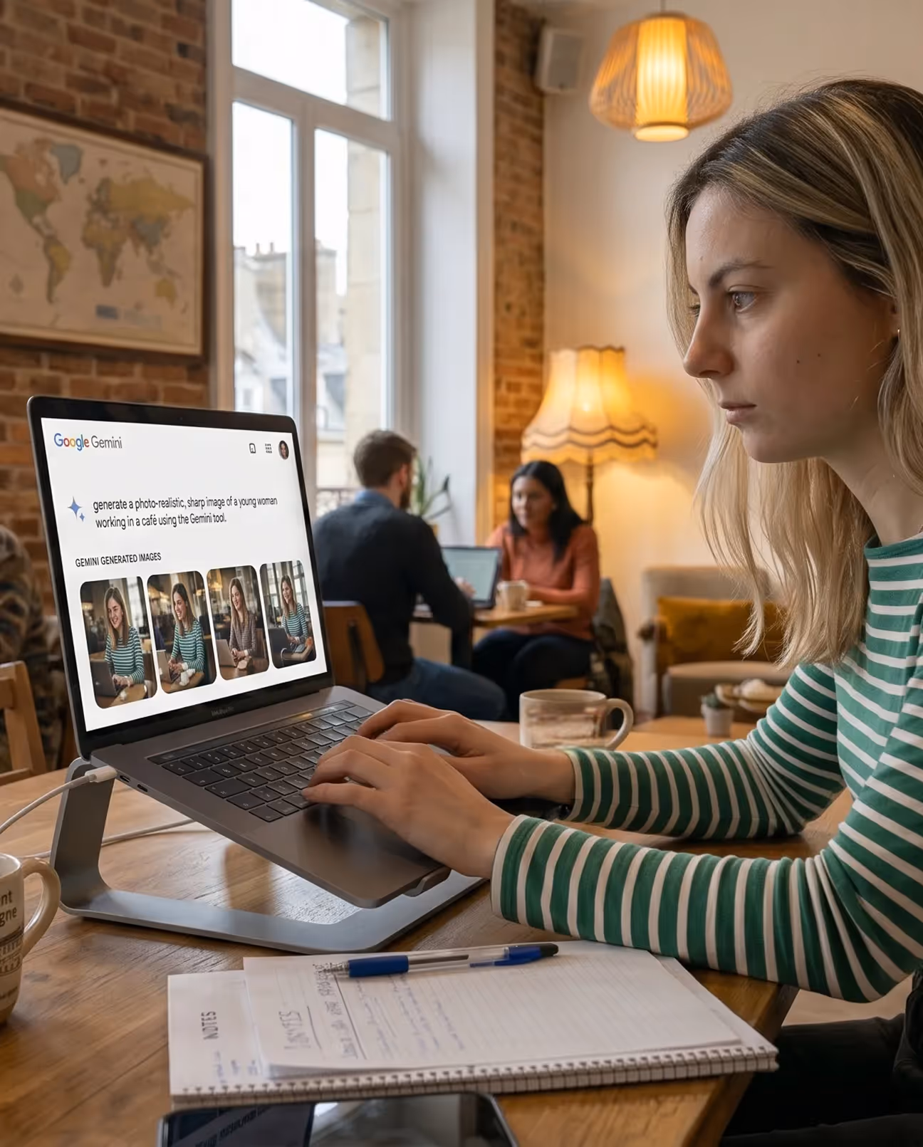 Jeune femme concentrée travaillant sur un ordinateur portable dans un café avec des notes et un stylo.