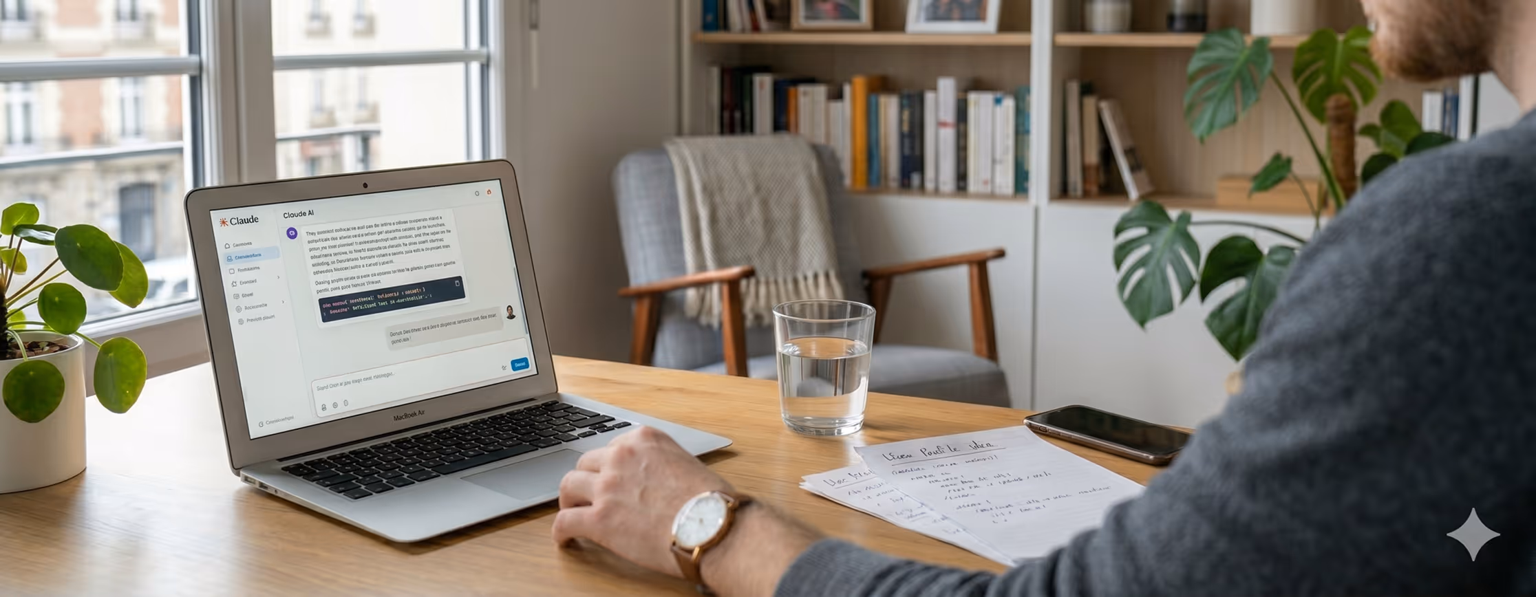 Person using a laptop with Claude AI chat open, next to a glass of water and handwritten notes.
