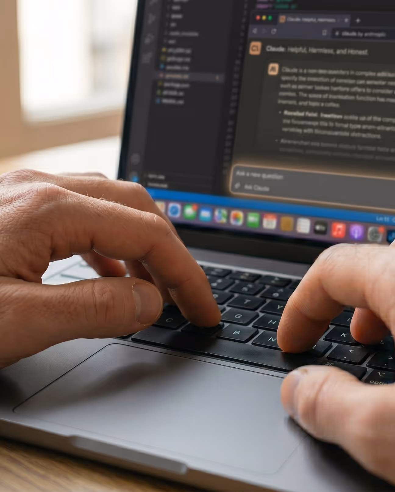 Mains tapant sur le clavier d'un ordinateur portable avec écran affichant un logiciel de chat.