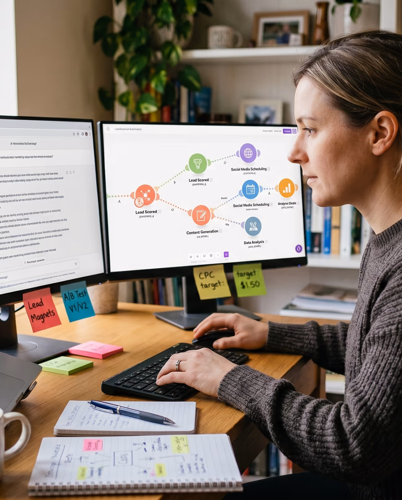 Femme travaillant sur un ordinateur avec deux écrans affichant un diagramme de marketing digital.
