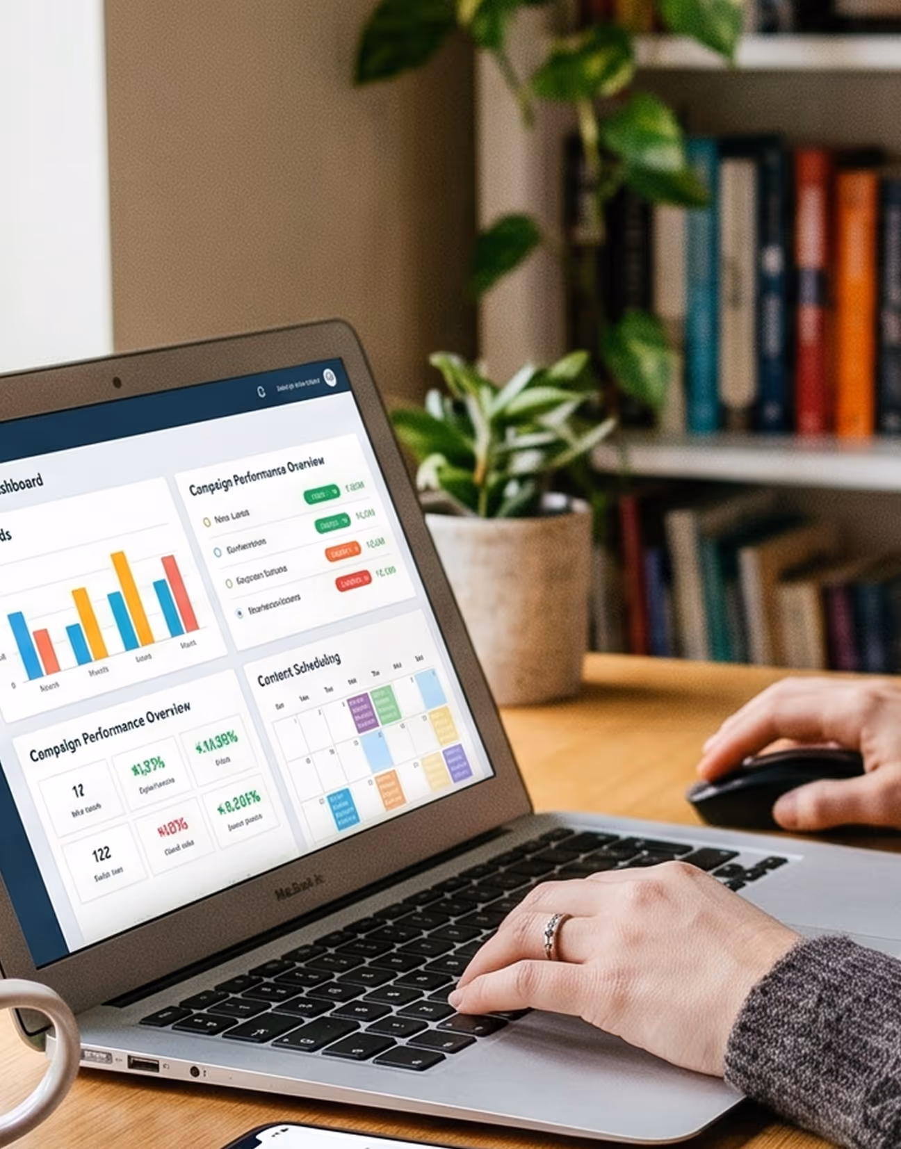 Person using a laptop with a marketing dashboard showing charts, campaign stats, and a content calendar.