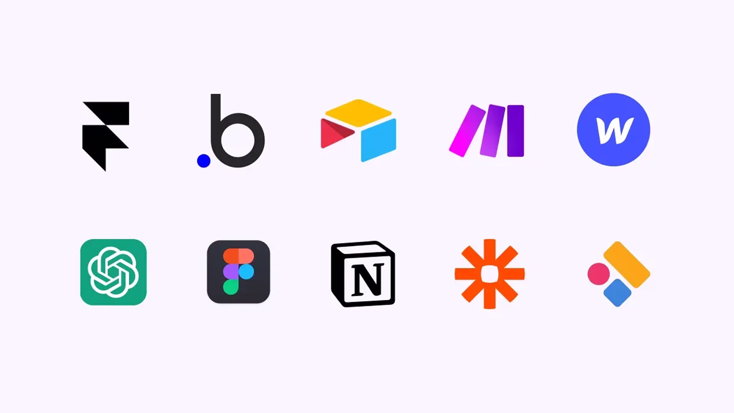 Logos de dix outils no-code populaires alignés en deux rangées sur fond clair.