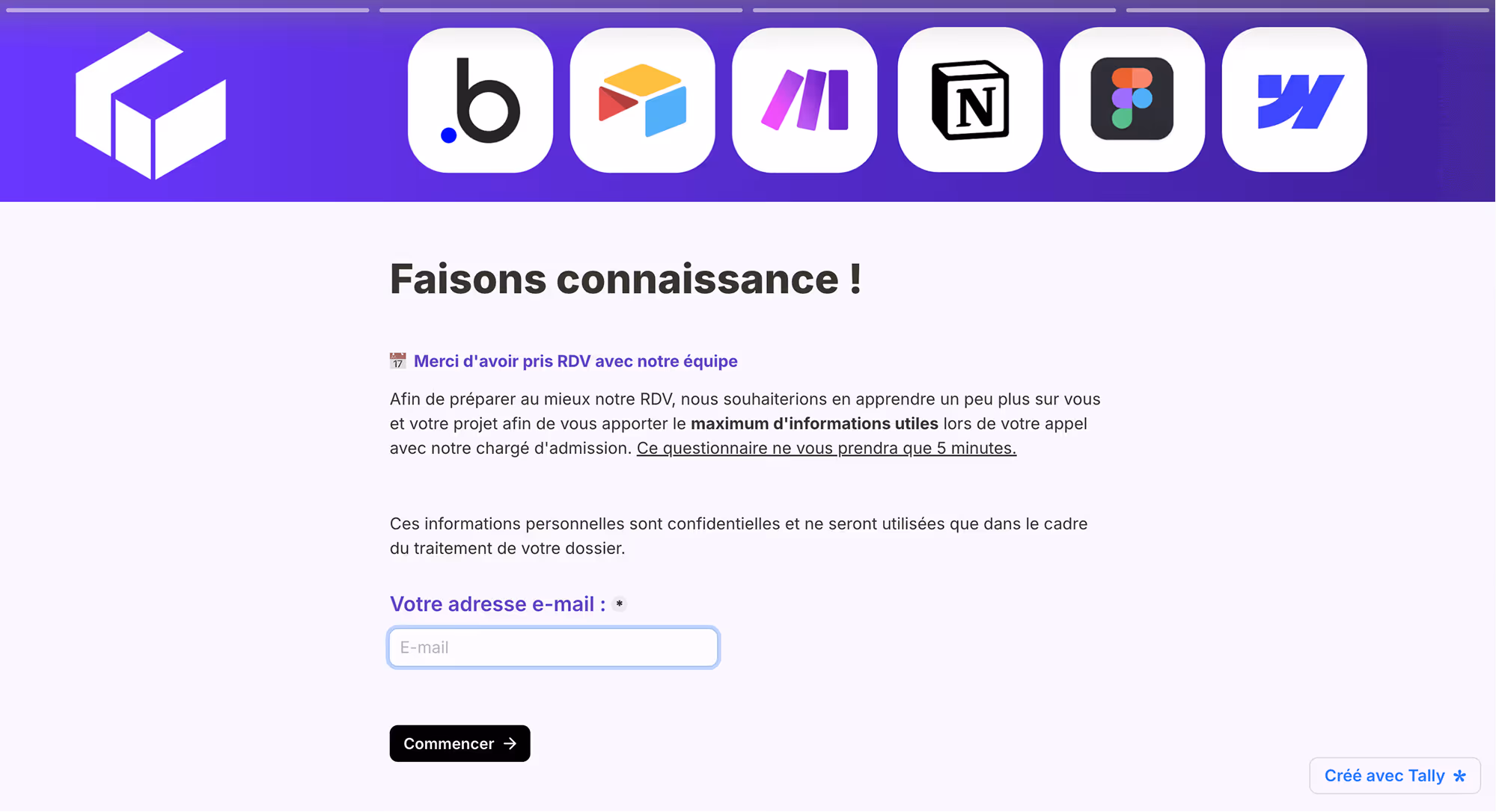 Page de formulaire en français demandant l'adresse e-mail pour préparer un rendez-vous personnalisé.