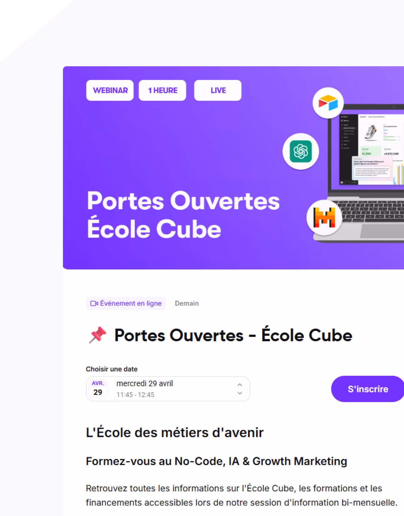 Annonce pour un webinaire d'une heure en direct sur l'école Cube, formation No-Code, IA et Growth Marketing.