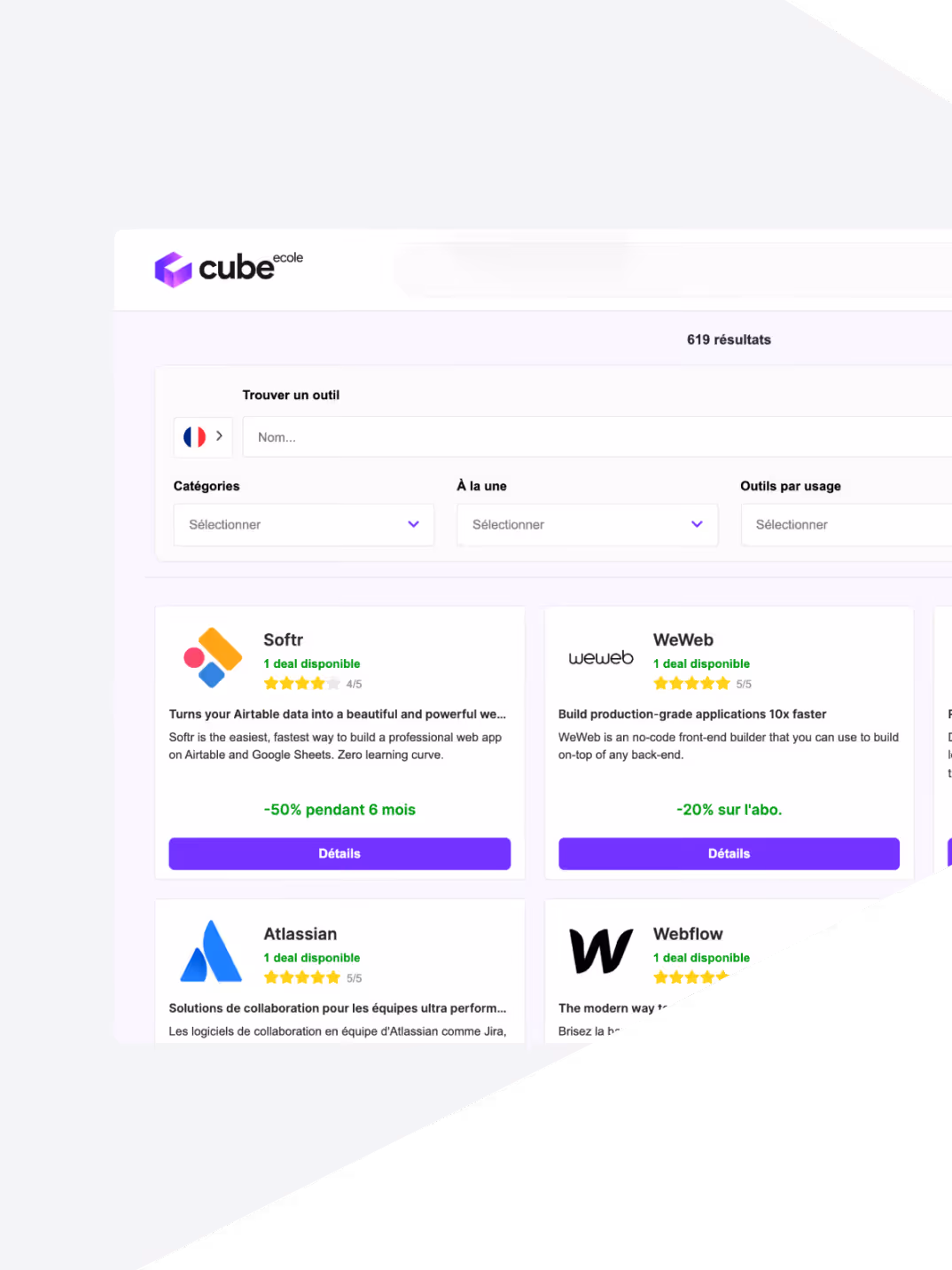 Page web Cube ecole avec recherche d'outils et offres Softr, WeWeb, Atlassian, Webflow affichées.