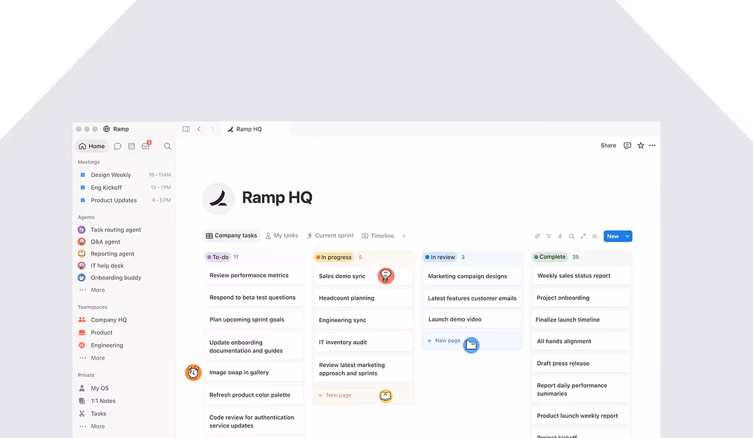 Tableau de tâches en colonnes pour Ramp HQ : À faire, En cours, En revue, Terminé, avec plusieurs tâches listées.