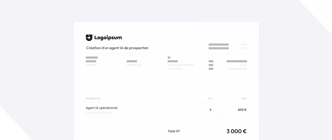 Facture pour création d'un agent IA opérationnel avec 5 quantités à 600 euros total 3000 euros.
